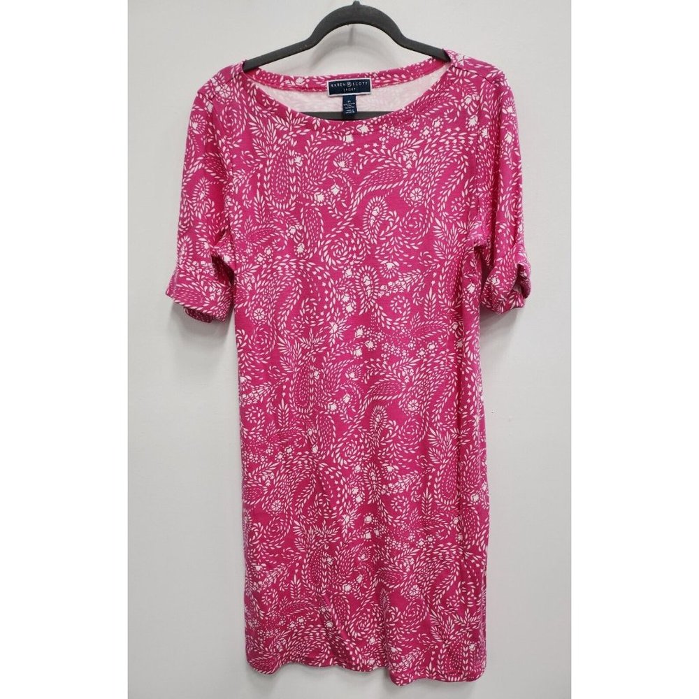 Karen Scott Womens T-Shirt Dress Medium Pink White Paisley Print Half Sleeve - Picture 1 of 7